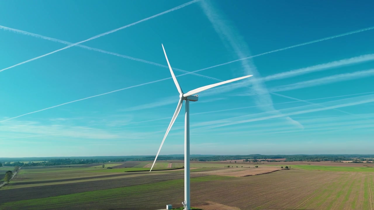 Turbina eolica in un campo verde con scie di condensazione nel cielo blu.
