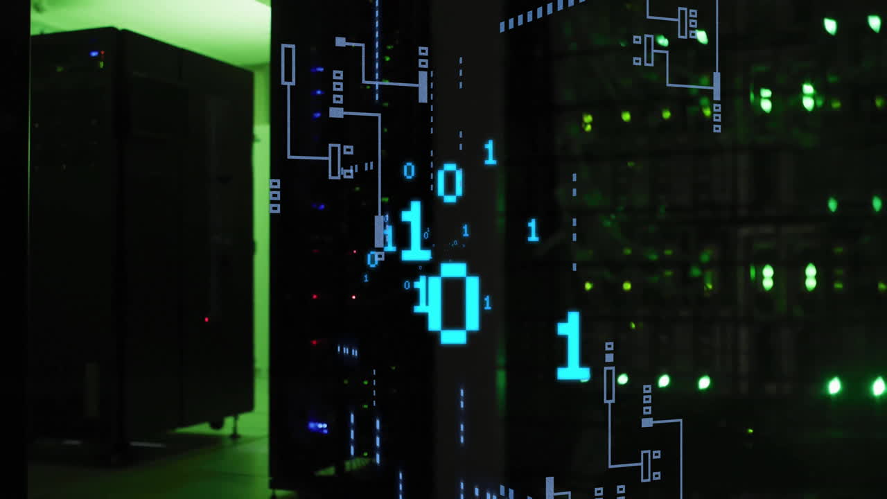 Animation of binary coding and data processing over black background