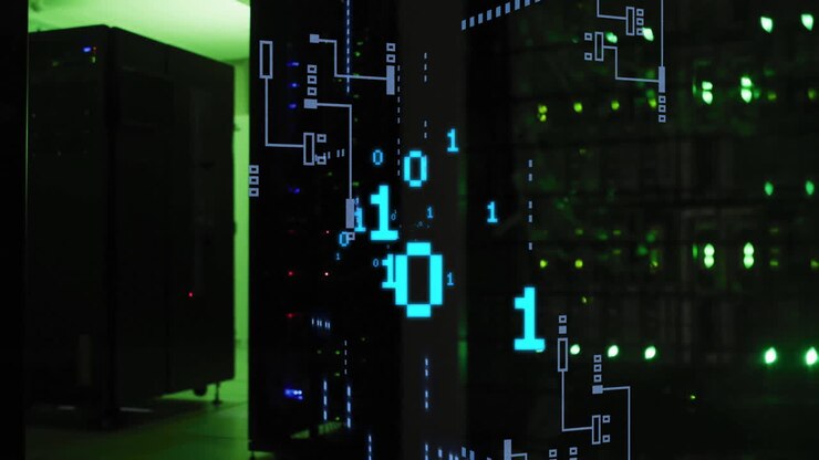 Animation of binary coding and data processing over black background