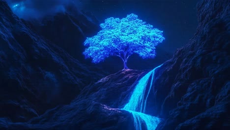 glowing tree in a night mountain landscape