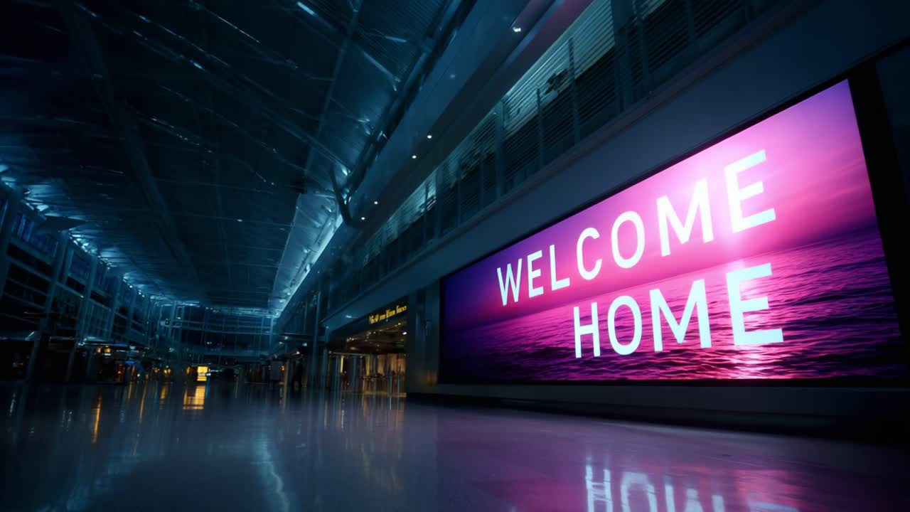 A Warm Welcome Awaits: The Captivating Atmosphere of an Airport Arrival Hall Featuring a Bright 'Welcome Home' Display Illuminating the Space with Comforting Vibes