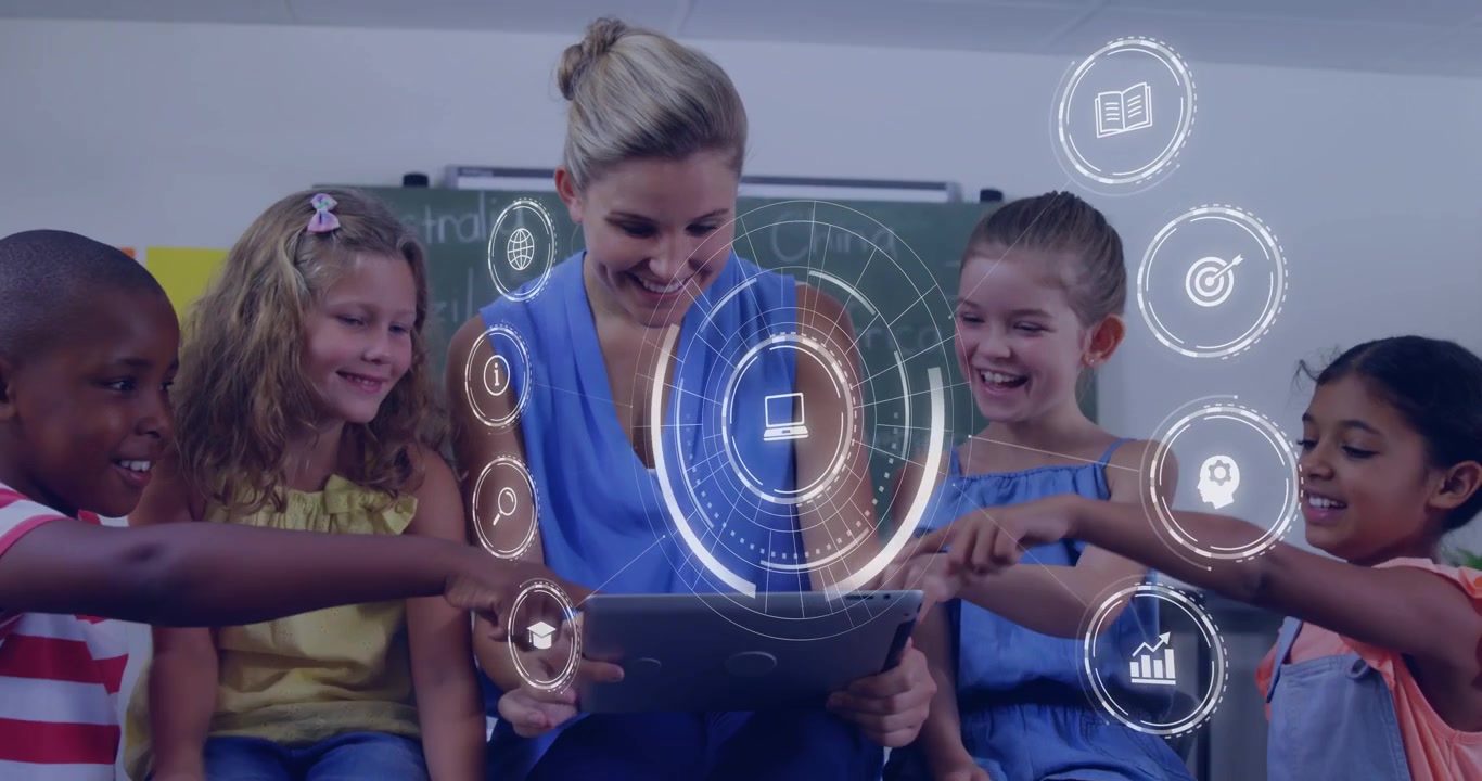 Teacher sitting low tapping tablet, activating AR HUD icons, children touching, learning geography