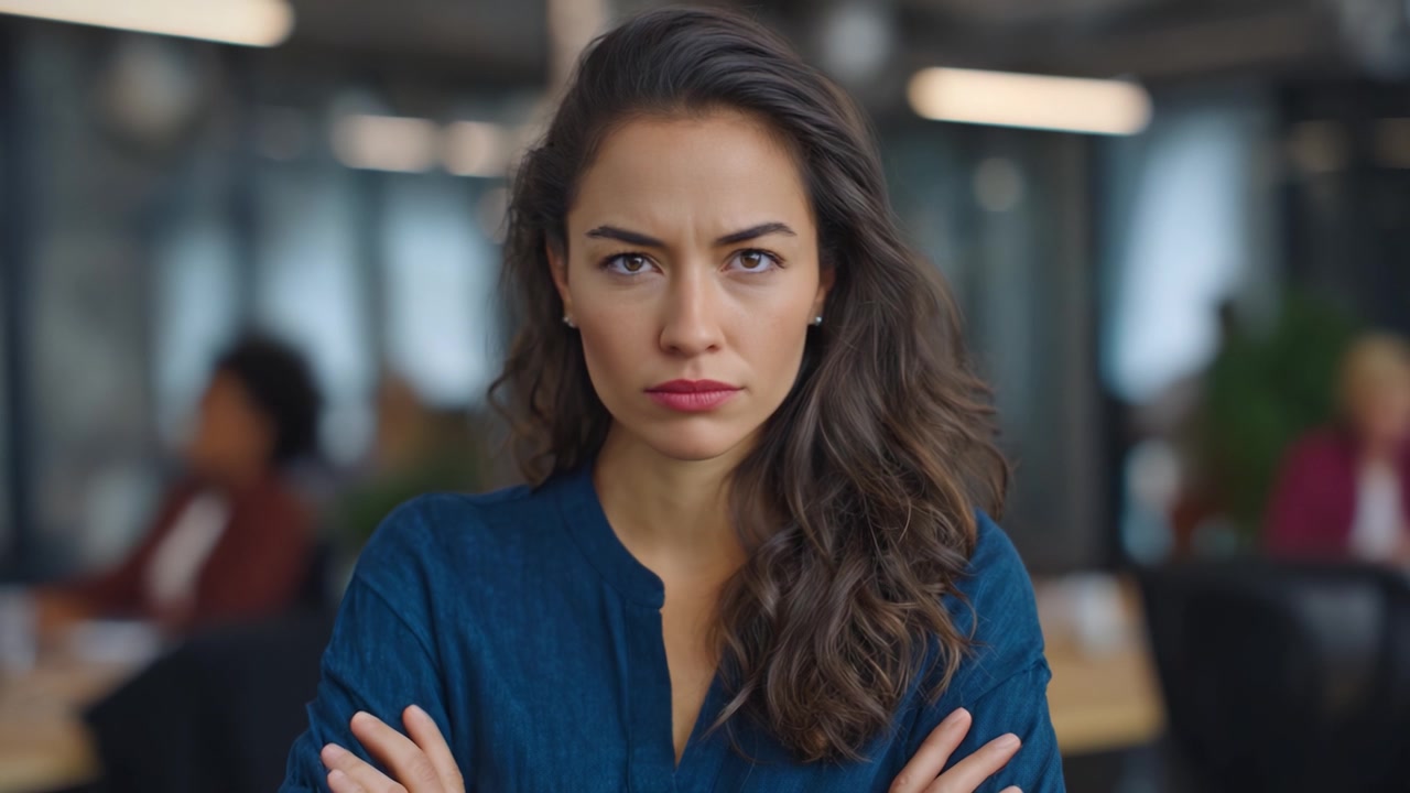 Una donna concentrata che esprime determinazione e serietà in un moderno ambiente d'ufficio, mostrando fiducia e introspezione in un contesto professionale.