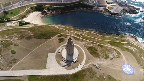 Aerial-View-Shot-of-Tower-of-Hercules-lighthouse-located-in-the-city-of-La-Coruna