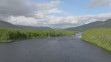 Fliegen-über-Einem-Schnell-Fließenden-Fluss,-Der-Sich-Durch-Einen-Grünen-Wald-Und-über-Stromschnellen-Schlängelt