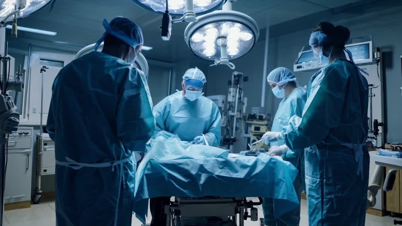 The video captures a tense surgical operation with a team of doctors in a sterile environment