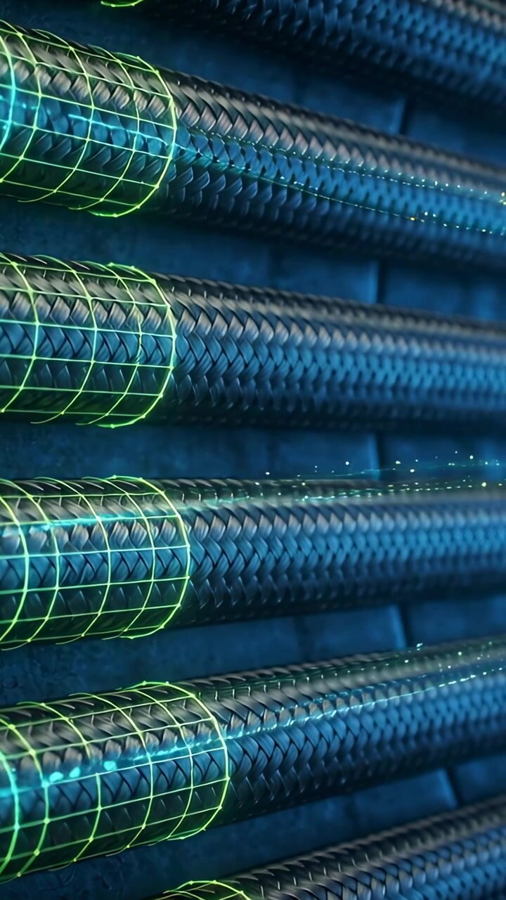 Vertical video: Appearing green grid scanning woven cables along rib backing, leaving cyan sparks