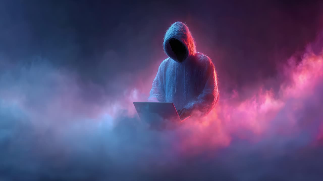 A mysterious figure in a hooded jacket sits amidst colorful fog while working on a laptop, creating an atmosphere of intrigue and digital exploration in a surreal environment