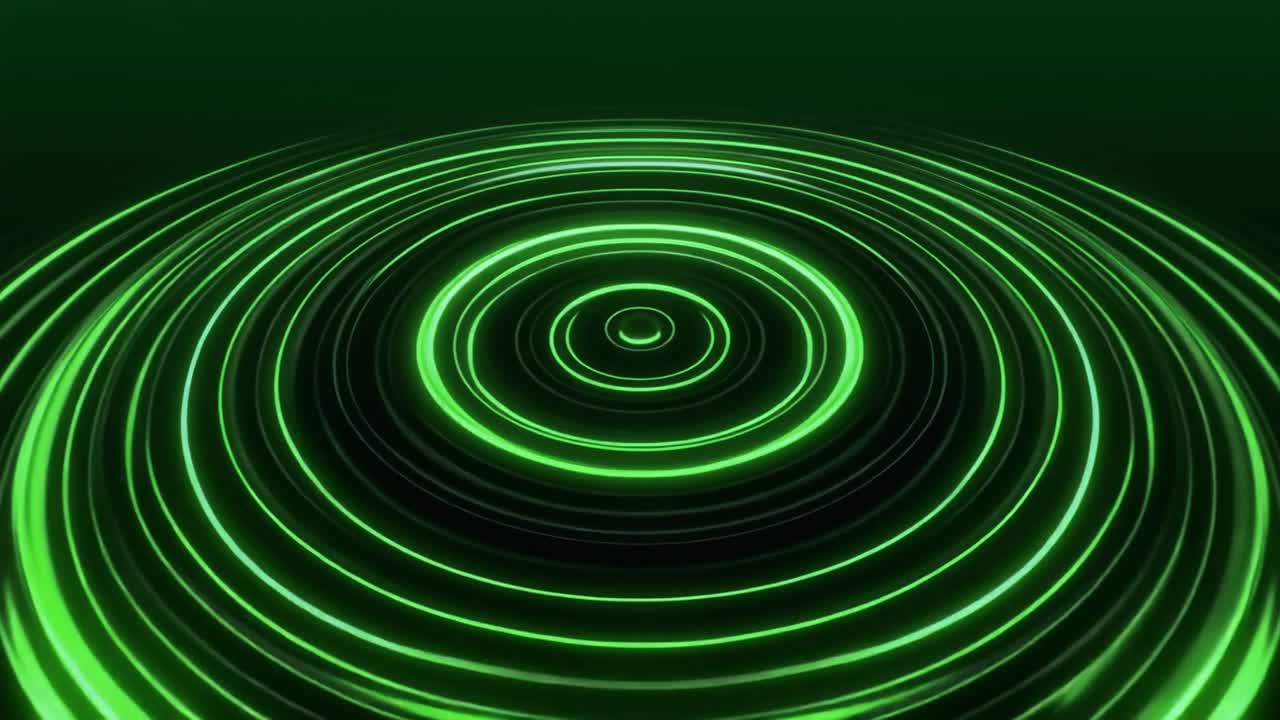 Dynamic Green Glowing Rings Expanding on Dark Background