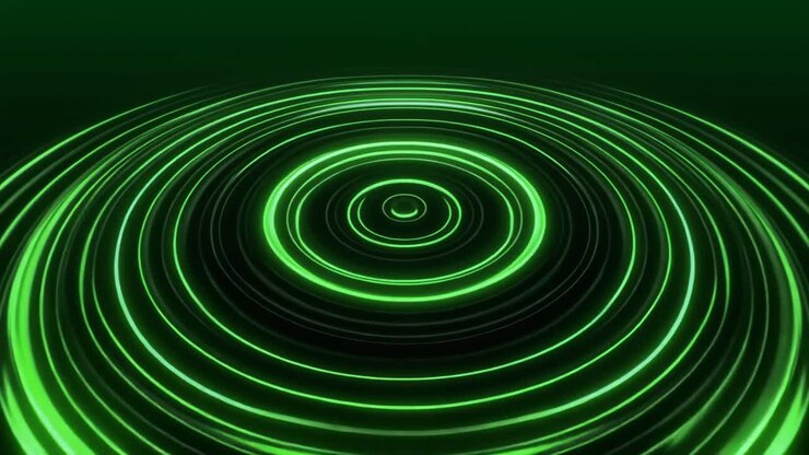 Dynamic Green Glowing Rings Expanding on Dark Background