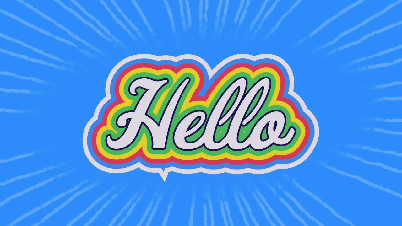 Animation of hello text in colourful letters on blue background