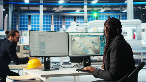 programmatore in una fabbrica fotovoltaica che utilizza un programma pc per diagnosticare i sistemi