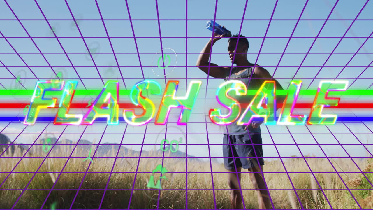 Flash Sale text animation over person drinking water in grassy field