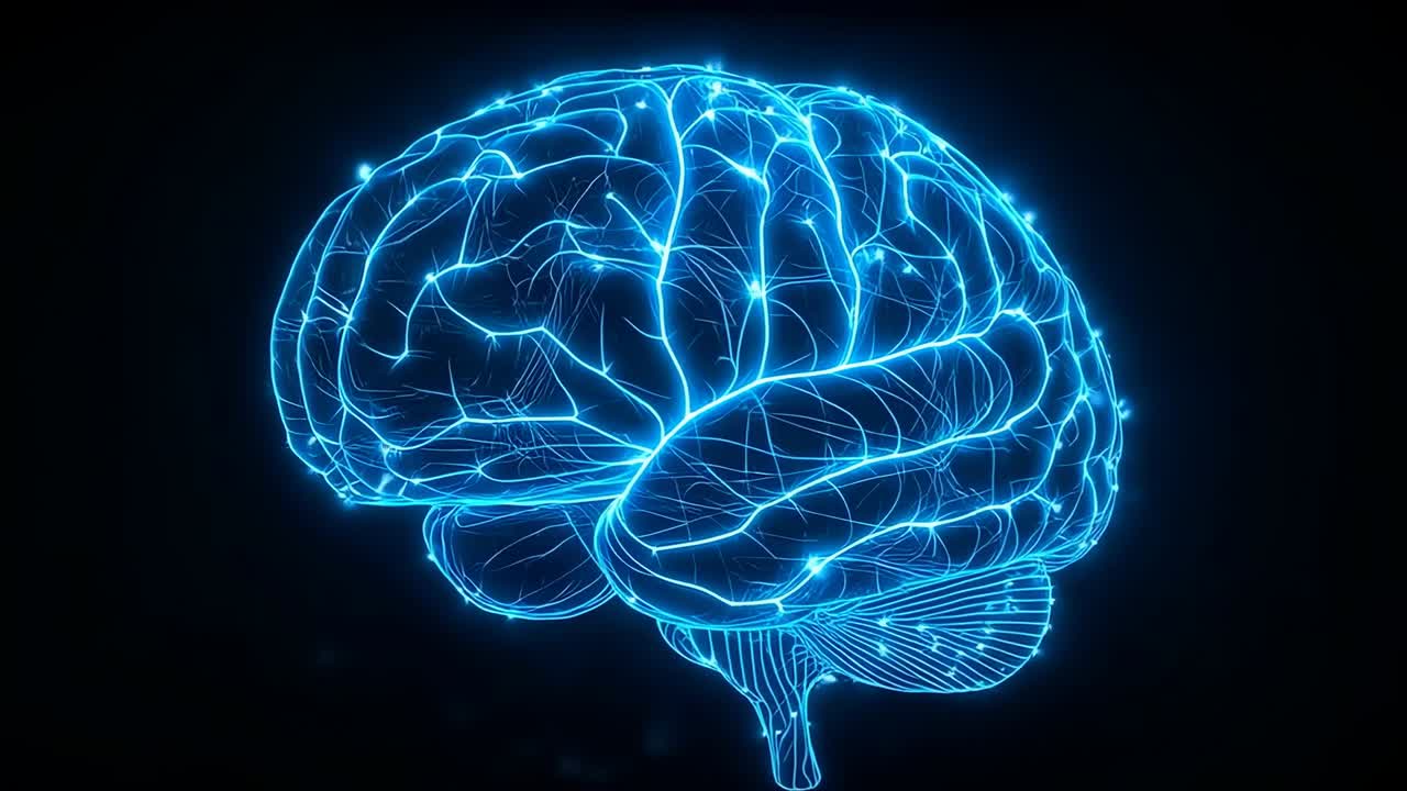 Rotating neon blue brain pulsing filaments and nodes in dark void with rising glow showing activity
