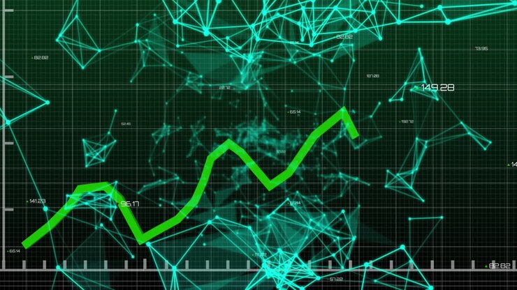 Animation of financial data processing and networks of connections over black background