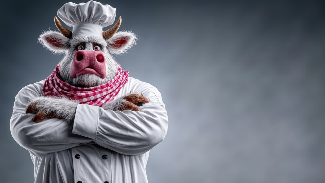 Antropomorf ko-figur klædt ud som en professionel kok i hvid uniform og hat med krydsede arme.