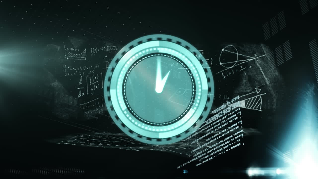 Animation of clock ticking over graphs with statistics and mathematical equations floating