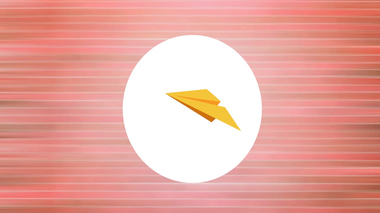 animación digital del icono de avión de papel sobre una bandera circular blanca contra un fondo rosado a rayas