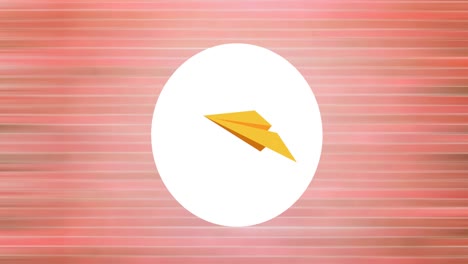 digitale animation eines papierflugzeug-icons über einem weißen kreisförmigen banner auf einem gestreiften rosa hintergrund