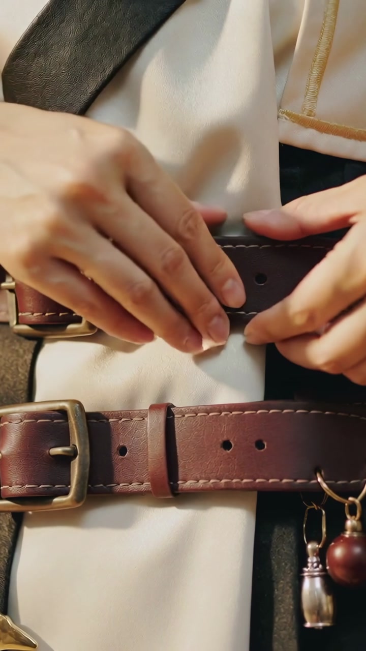 Vertical video: Picking buckle, her hands buckling leather belts on white top, gold trim, securing