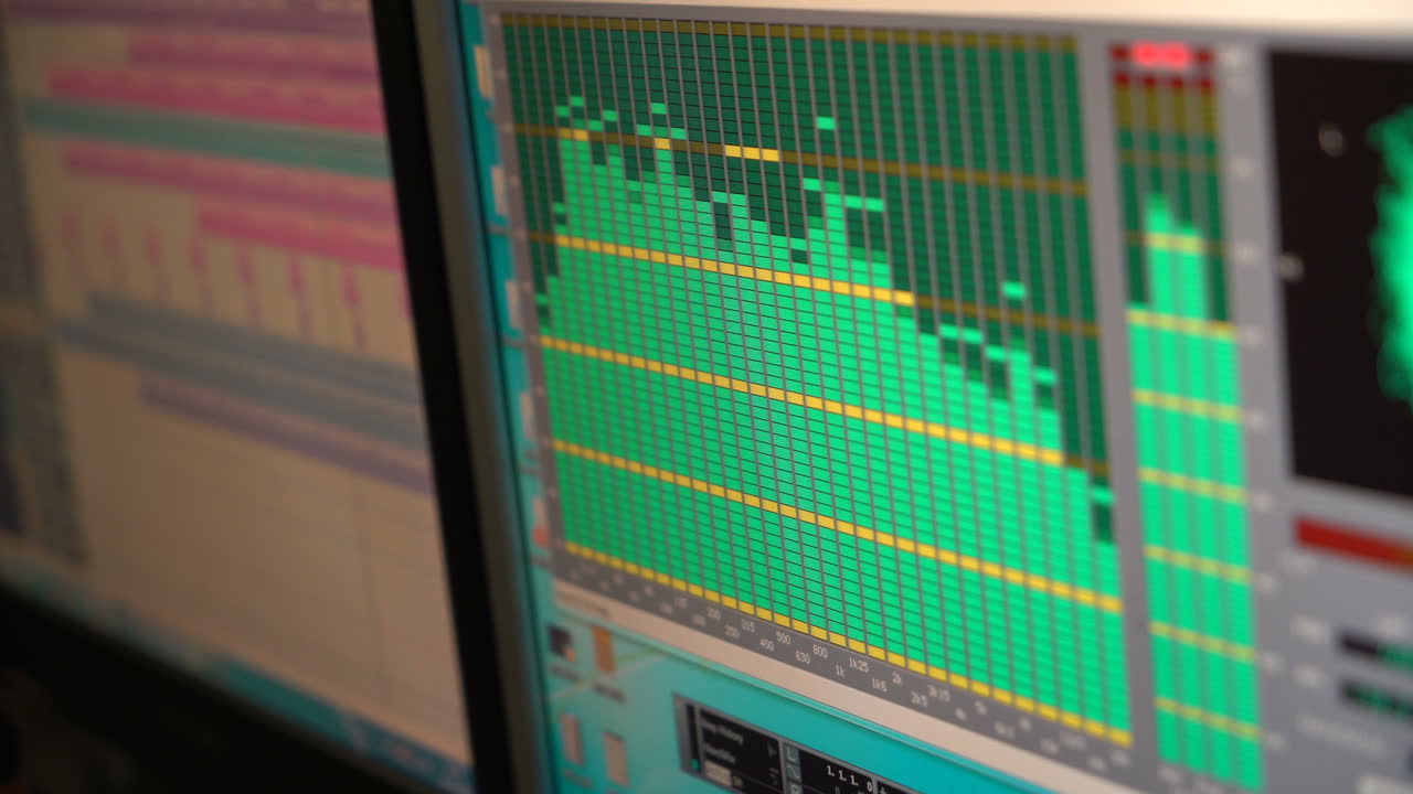 Music studio audio mixer with digital display showing audio waves. Recording Studio