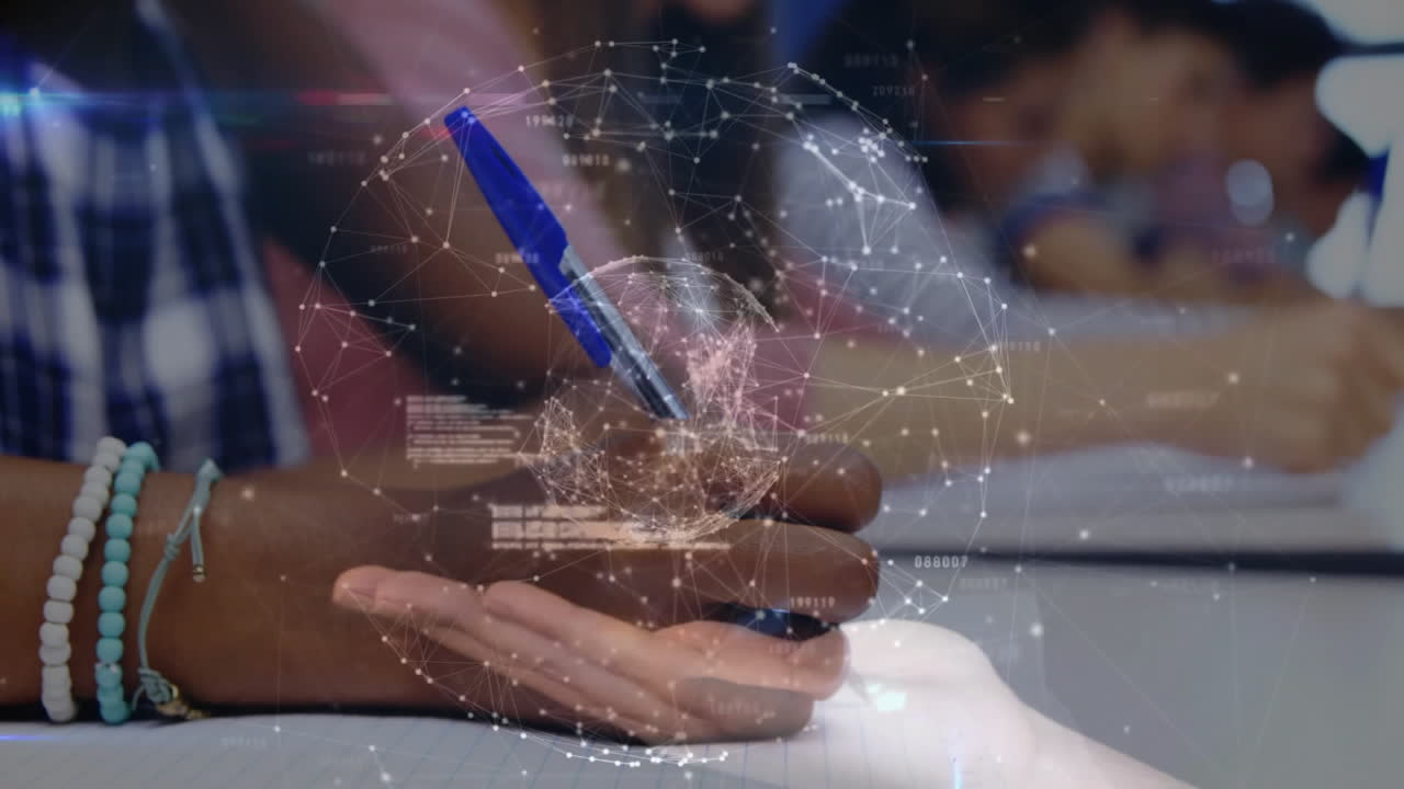 Student passing blue pen to classmate in education scene, showing holographic network linking notes
