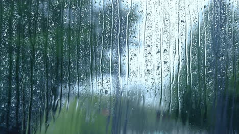 closeup wet clear window glass during heavy rain against blurred city view in a rainy day