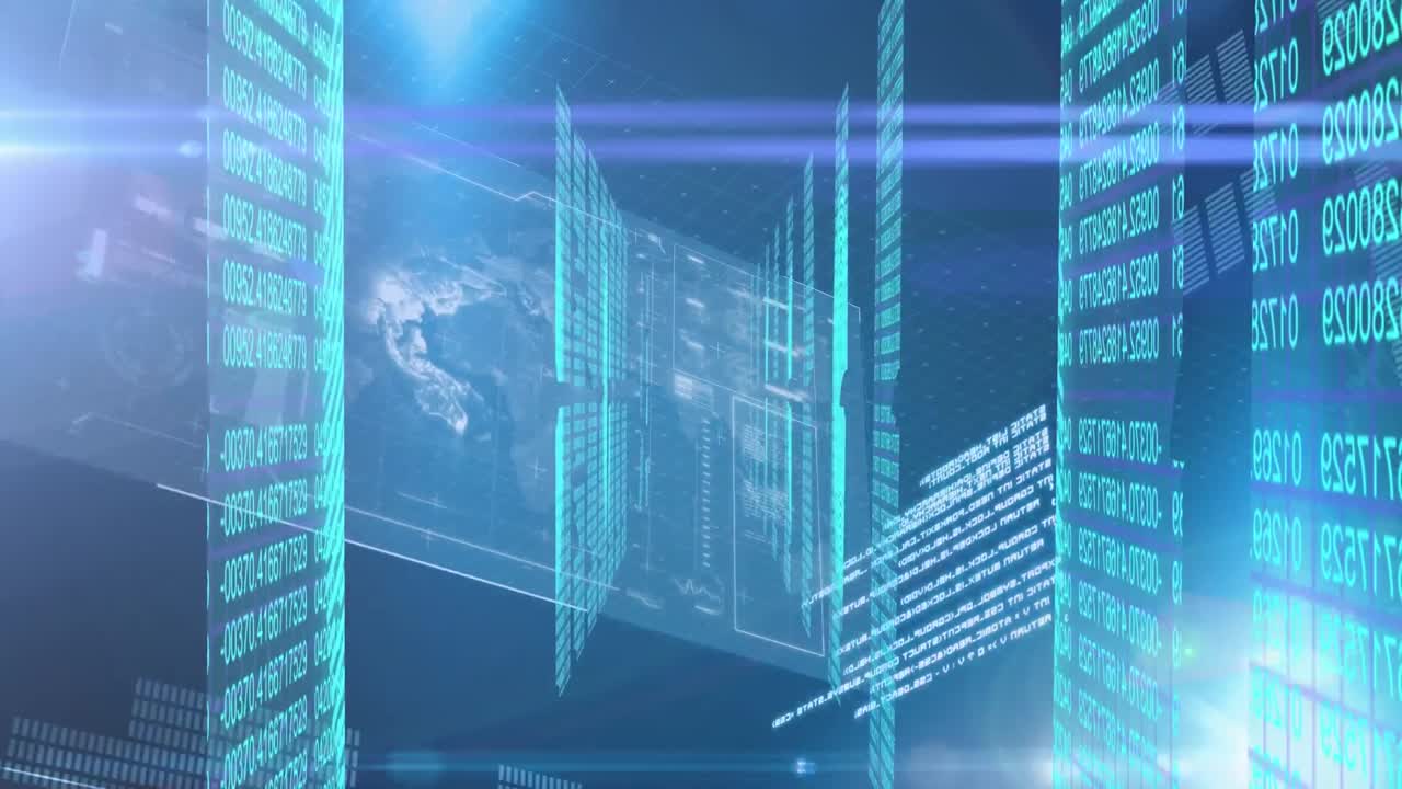 검은색 배경의 데이터 처리에 대한 빛의 흔적의 애니메이션