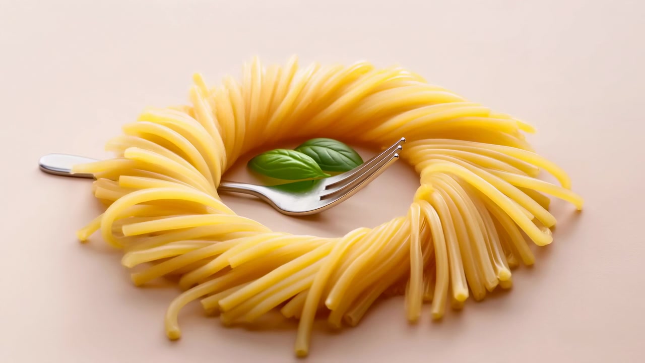 Ghirlanda di spaghetti attorno a una forchetta con foglia di basilico, quiete minimalista da studio, nido di pasta circolare su sfondo beige caldo.