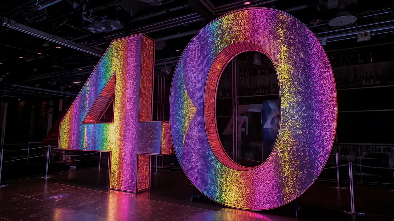 Moving camera revealing large 40 sculpture on platform in event venue, highlighting rainbow light