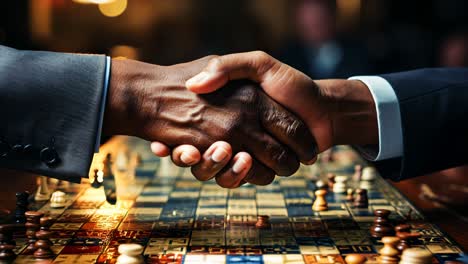 two players shake hands after an intense chess match in the evening