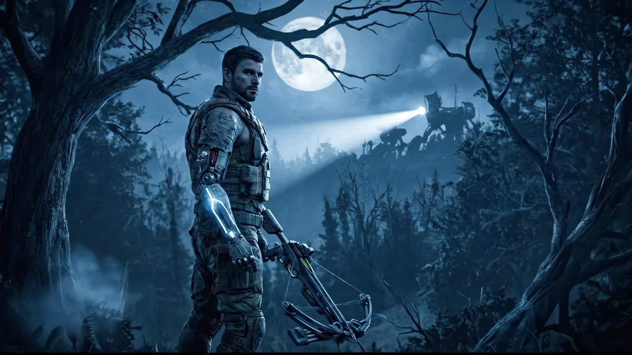 Futuristisk soldat med bionisk arm sikter med armbrøst mot robot i månebelyst skog