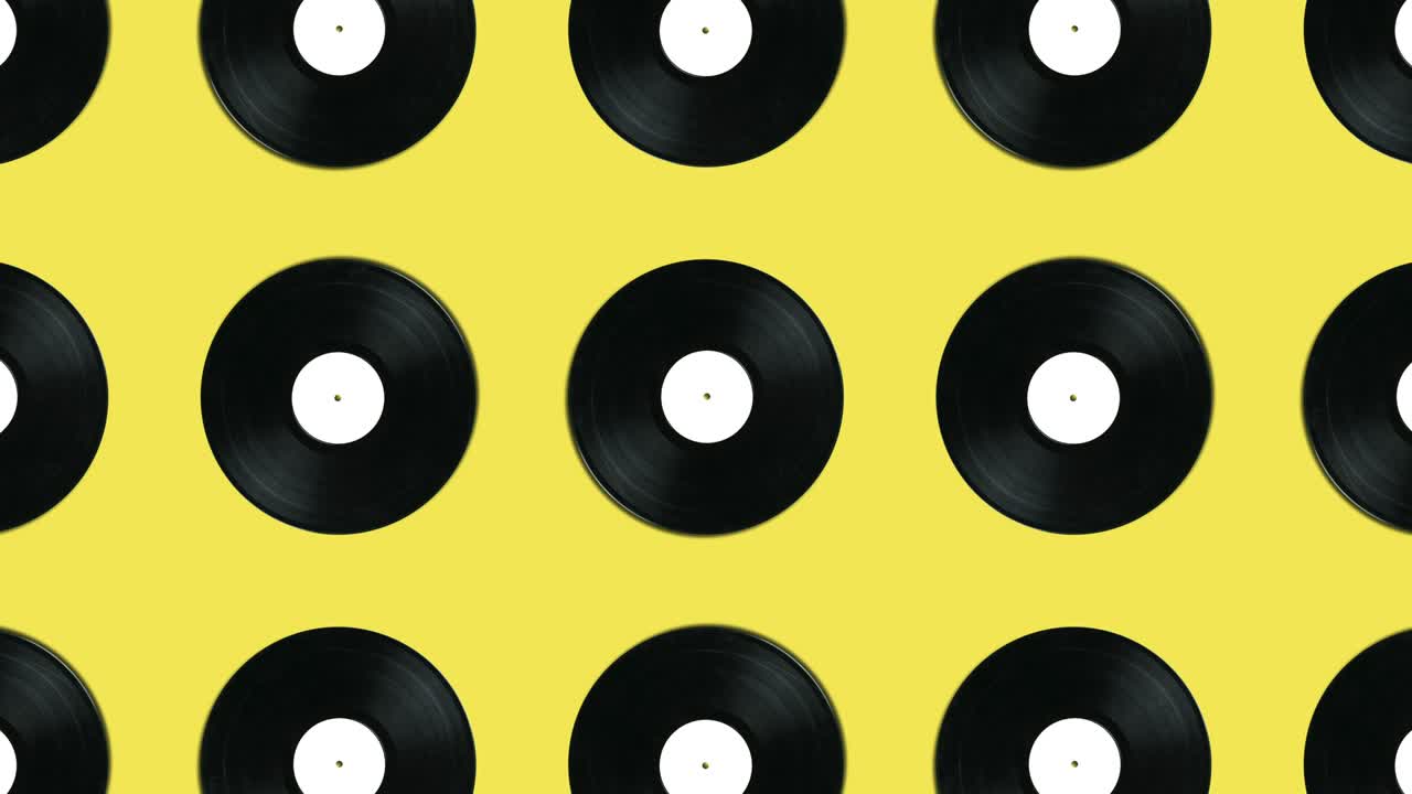 Retro vinyl disk geometric pattern on a yellow background. Simple motion graphics music animation