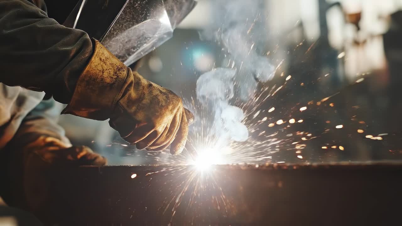 Close-up angle of welding sparks flying, capturing industrial work in action, ideal for video