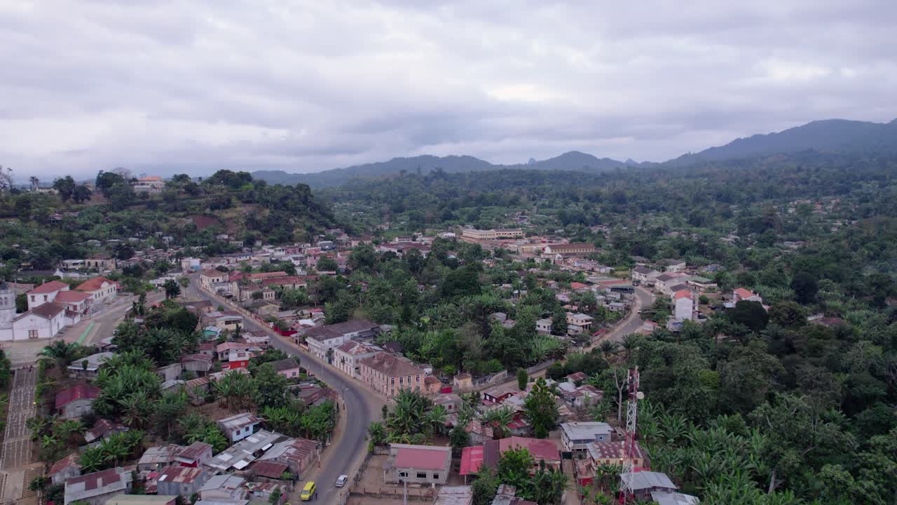 Aerial view of São Tomé Countryside with buildings and road