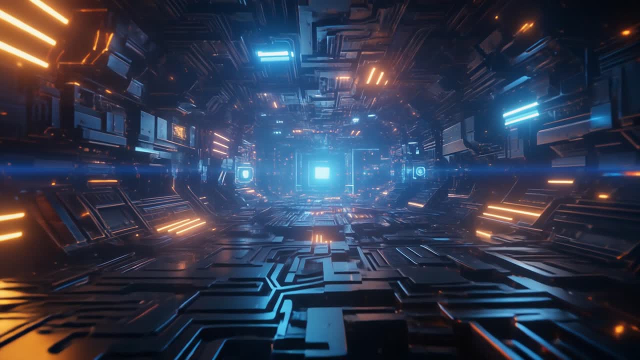 Volo attraverso un tunnel digitale futuristico con luci al neon luminose