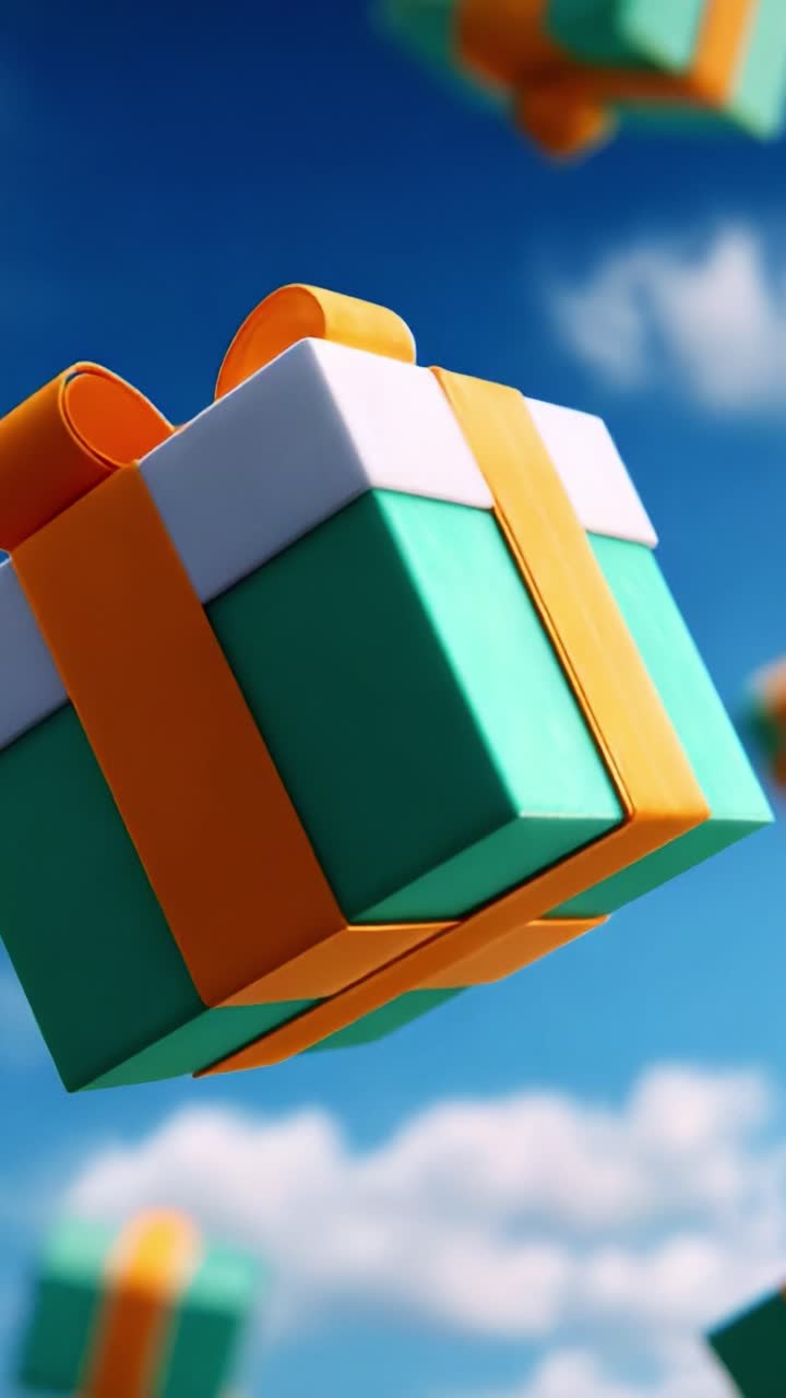 Colorful Gifts Floating in a Beautiful Sky: A Captivating Visual Display of Vibrant Presents Surrounded by Wispy Clouds and Clear Blue Background, Evoking Joy and Celebration in a Whimsical Atmosphere