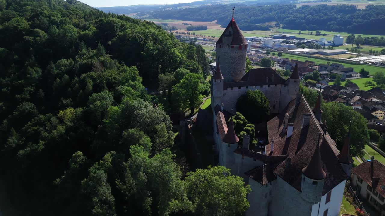 Lucens Switzerland castle medieval landmark heritage site Vaud canton aerial drone