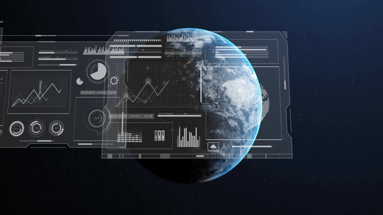 Digital data charts and graphs animation over rotating Earth in space