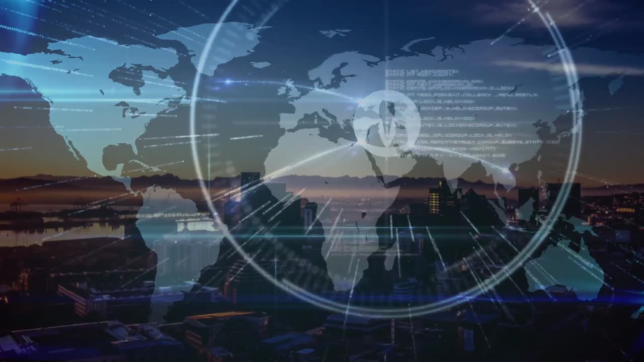 Animation of network of connections, data processing and world map over cityscape