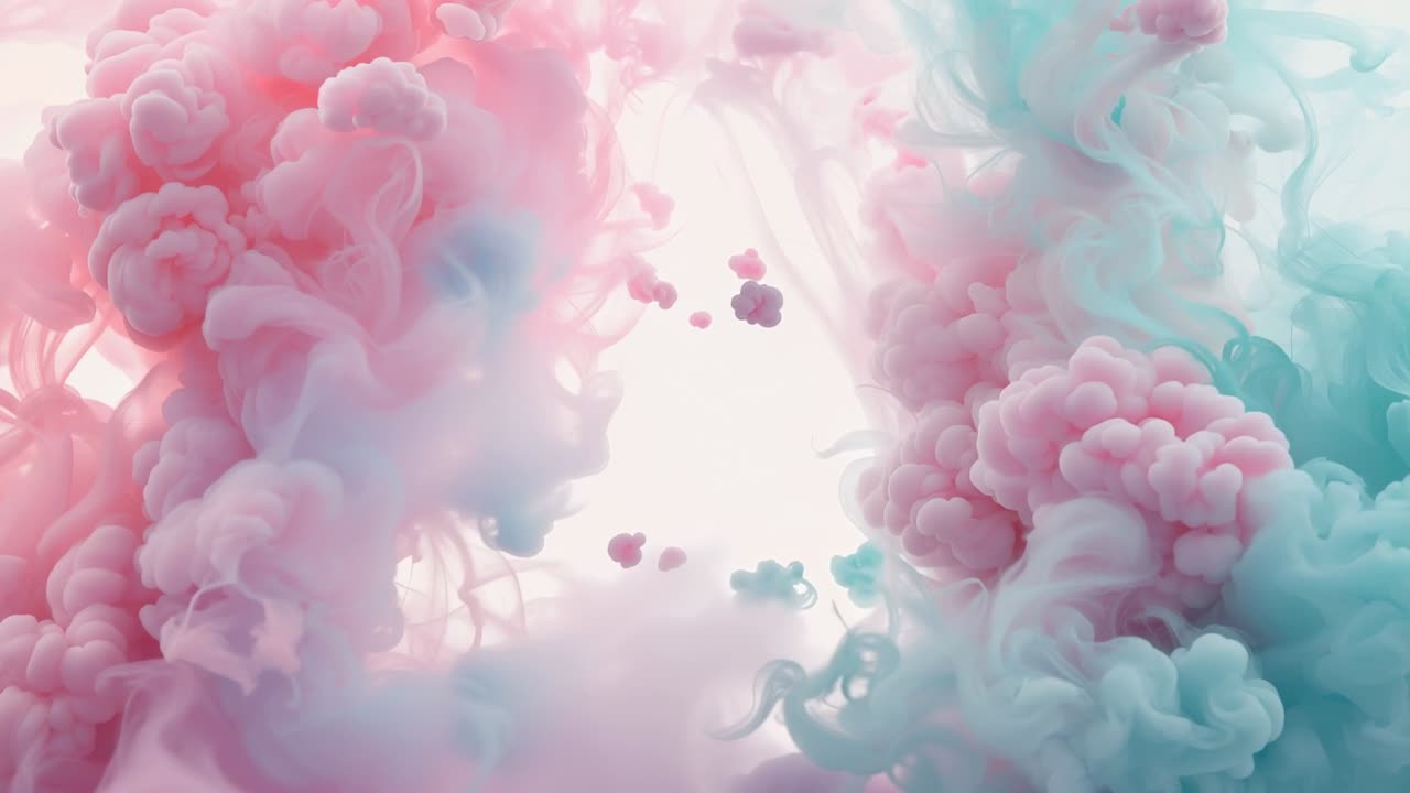 Driving fluid motion moving pastel pink and teal plumes in glass tank, backlight revealing opening