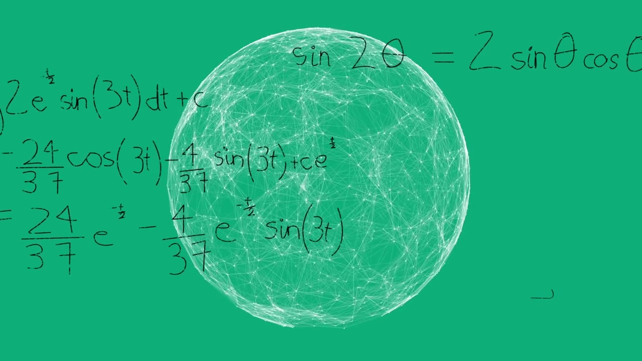 Animazione di un'equazione matematica, diagrammi su punti collegati che formano un globo su sfondo verde.