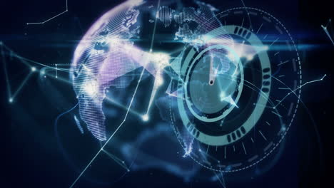 Animation of scope scanning over globe and connections over caucasian woman's hand