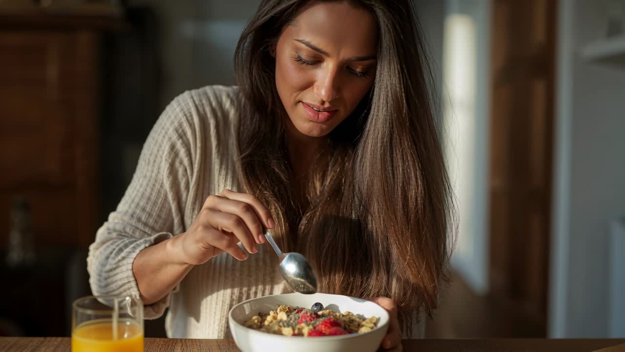 Mujer en suéter, iluminada por el sol, preparando un tazón de granola en la mesa, revolviendo con una cuchara y mordiendo una fresa.