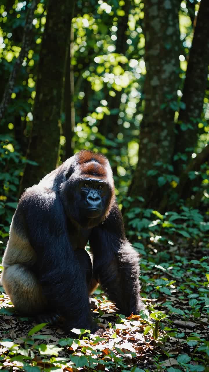 Video con angolazione dal basso di un gorilla in una foresta illuminata dal sole, che cattura la sua presenza possente e la sua naturalezza