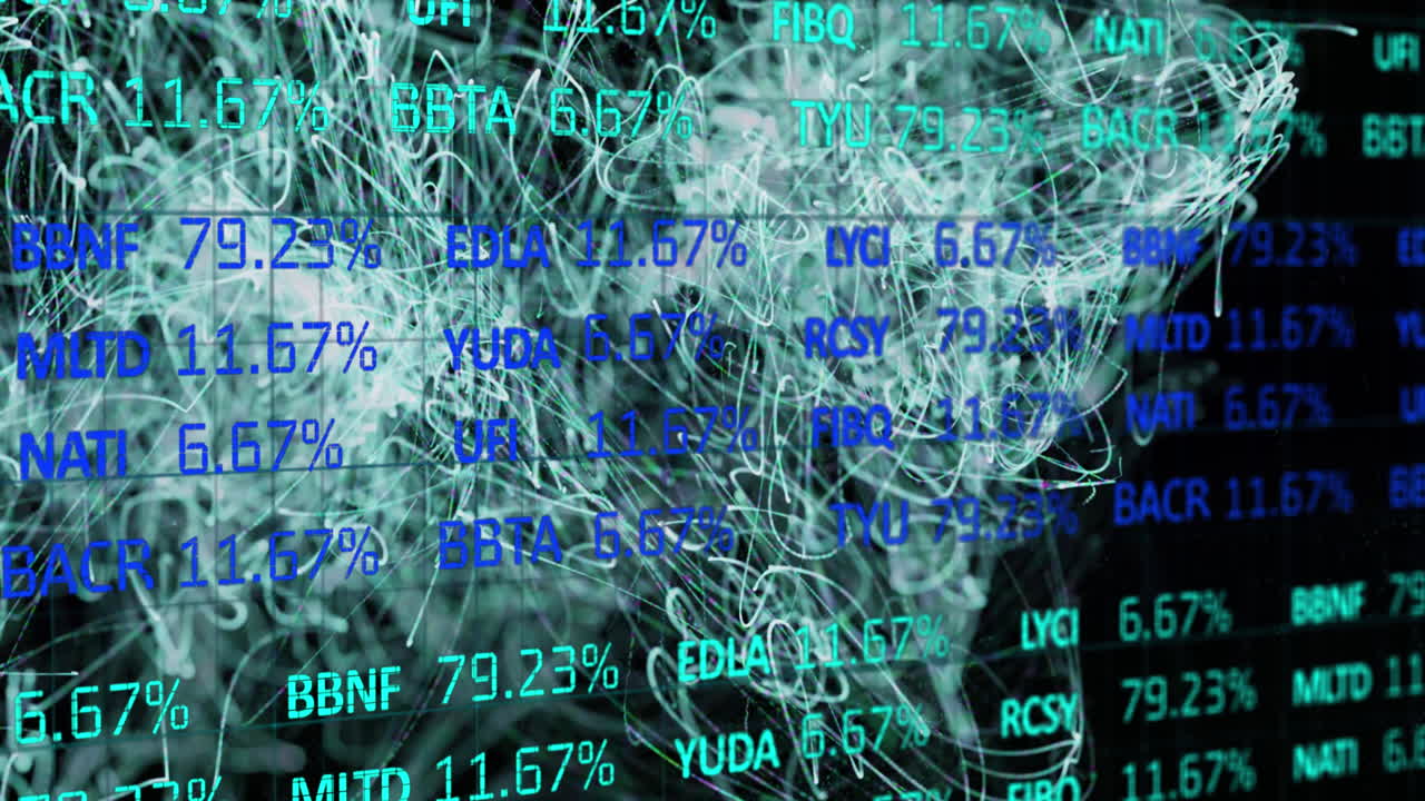 Animation of financial data processing over green light trails