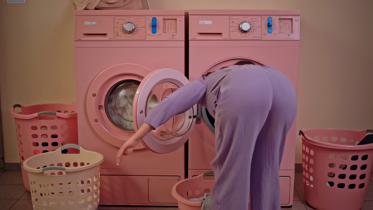 Laundromat employee loading pink washing machine with fresh clothing, transferring garments from plastic basket while performing routine cleaning service task