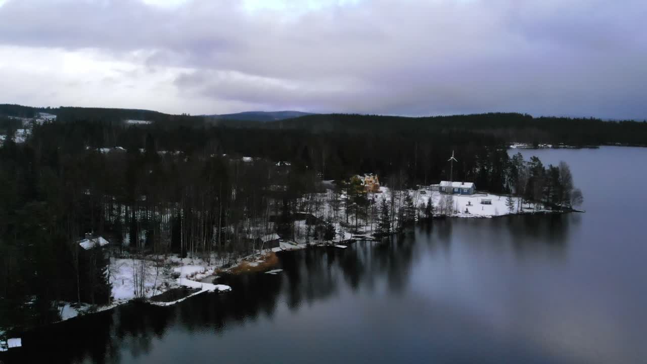 Drone shot of a snowy landscape in Sweden.