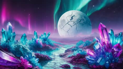 alien crystal planet with aurora borealis