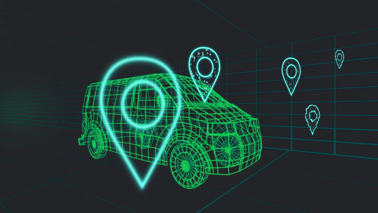 animación de iconos de pines de múltiples ubicaciones sobre un modelo de furgoneta 3d que se mueve en un patrón sin costuras en un túnel